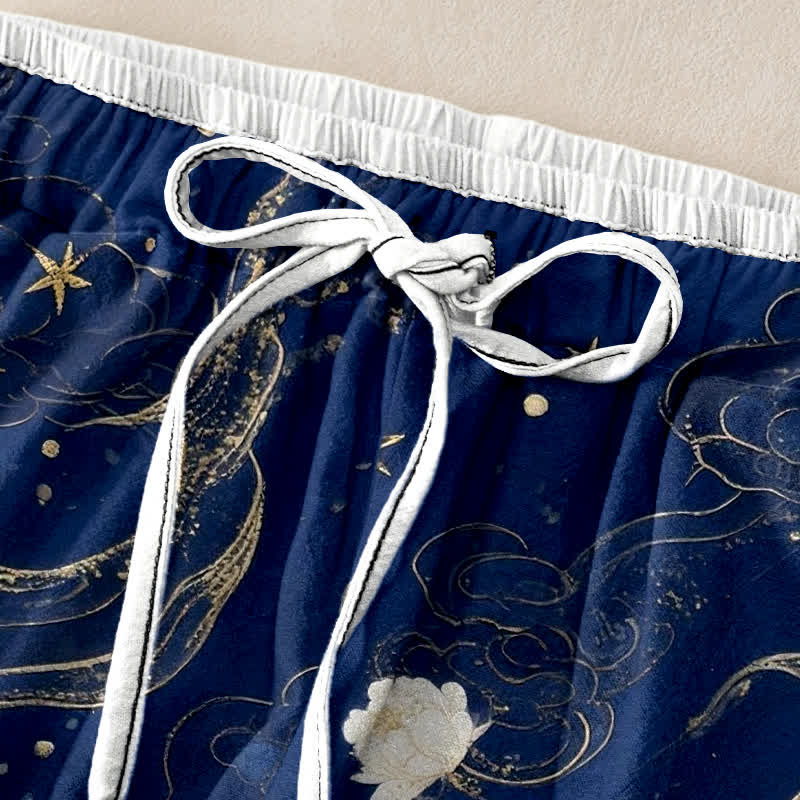 Buddha Stones Pure Cotton Elegant Crane Floral Pattern Women's Elastic Waist Pants With Pockets - image 1