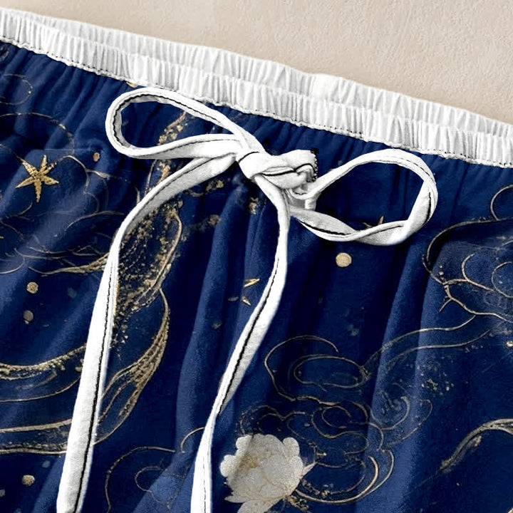 Buddha Stones Pure Cotton Elegant Crane Floral Pattern Women's Elastic Waist Pants With Pockets - image 1