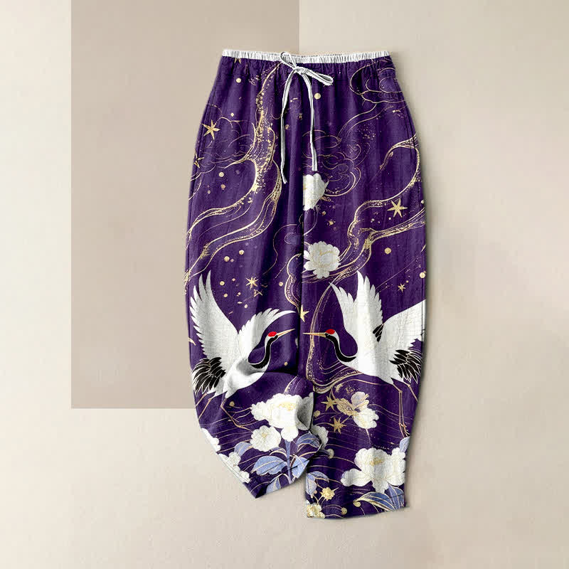 Buddha Stones Pure Cotton Elegant Crane Floral Pattern Women's Elastic Waist Pants With Pockets - Purple - US16，UK/AU20，EU48 (3XL) - image 4