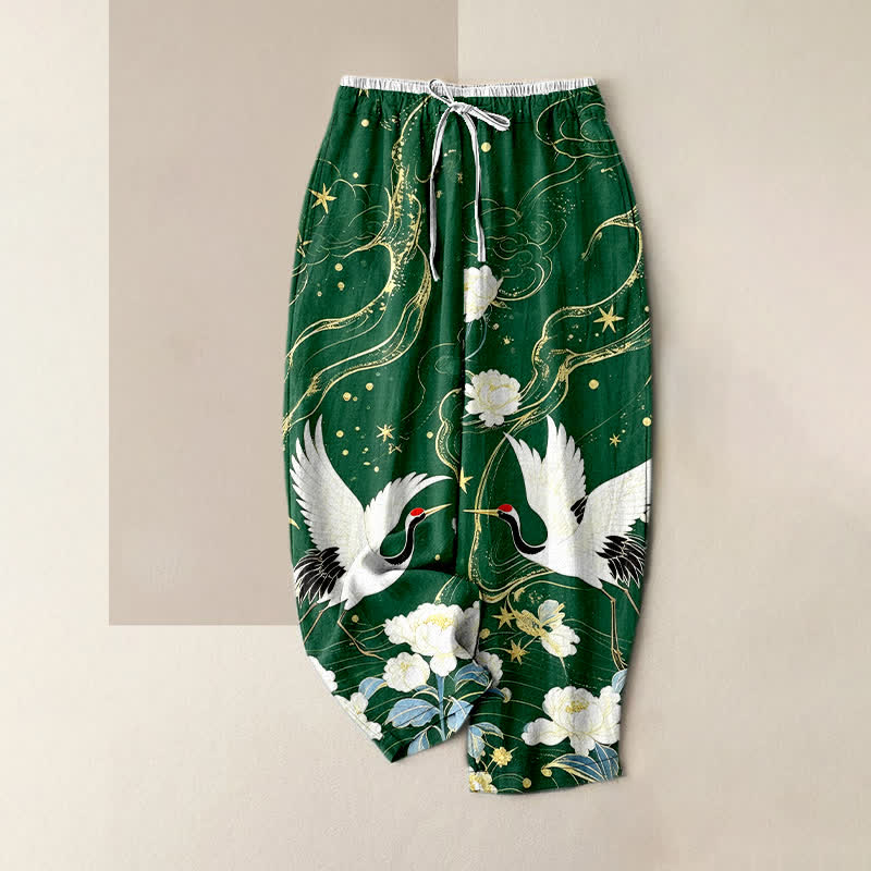 Buddha Stones Pure Cotton Elegant Crane Floral Pattern Women's Elastic Waist Pants With Pockets - ForestGreen - US16，UK/AU20，EU48 (3XL) - image 5