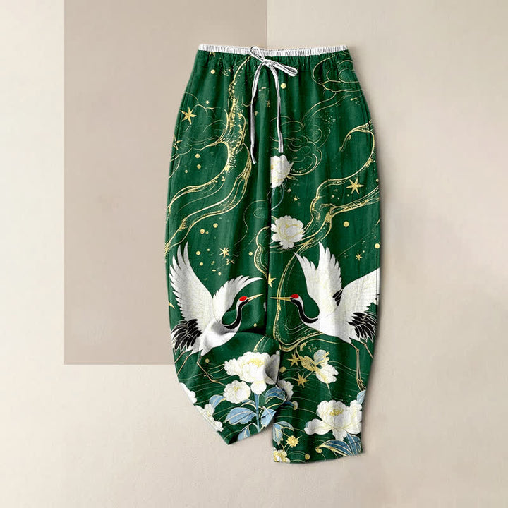 Buddha Stones Pure Cotton Elegant Crane Floral Pattern Women's Elastic Waist Pants With Pockets - ForestGreen - US16，UK/AU20，EU48 (3XL) - image 5