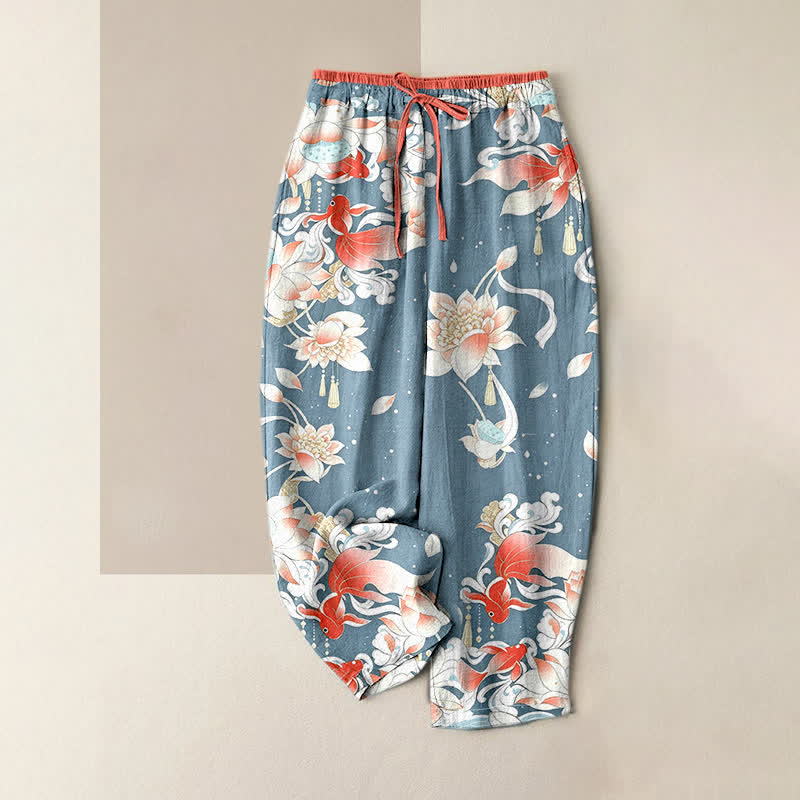 Buddha Stones Pure Cotton Lotus Red Koi Fish Pattern Women's Elastic Waist Pants With Pockets - LightBlue - US16，UK/AU20，EU48 (3XL) - image 3