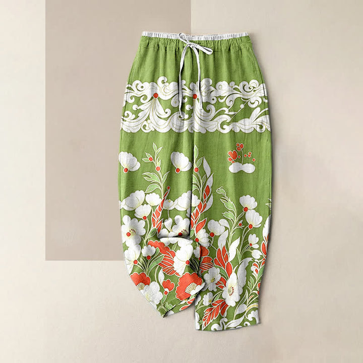 Buddha Stones Pure Cotton Bohemian Floral Cloud Pattern Women's Elastic Waist Pants With Pockets - YellowGreen - US16，UK/AU20，EU48 (3XL) - image 4