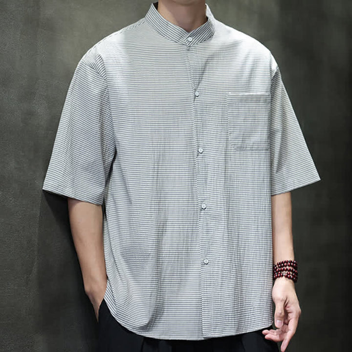 Buddha Stones Summer Casual Mandarin Collar Pinstripe Pattern Button Up Men's Short Sleeve Shirts - image 6