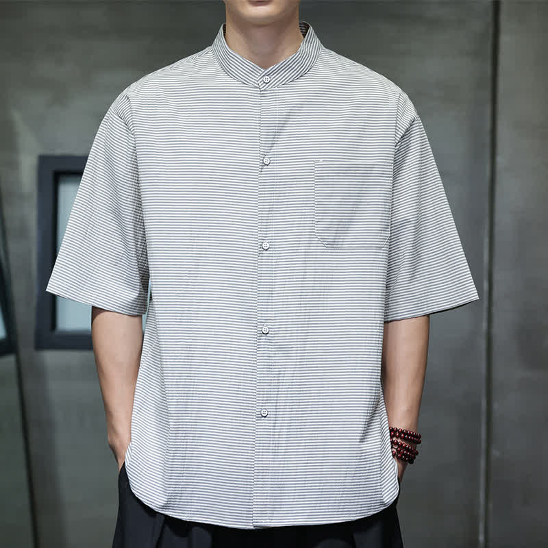 Buddha Stones Summer Casual Mandarin Collar Pinstripe Pattern Button Up Men's Short Sleeve Shirts - image 2