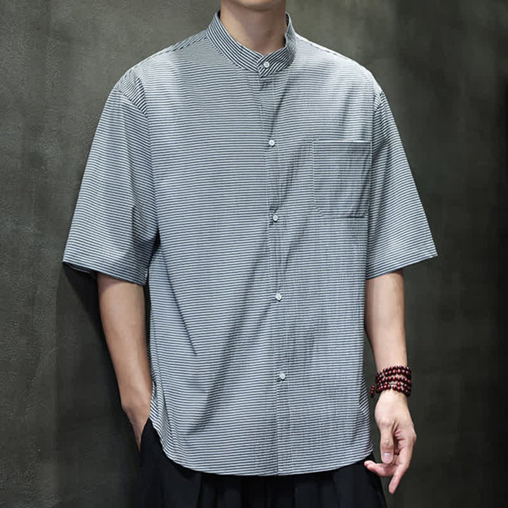 Buddha Stones Summer Casual Mandarin Collar Pinstripe Pattern Button Up Men's Short Sleeve Shirts - image 13
