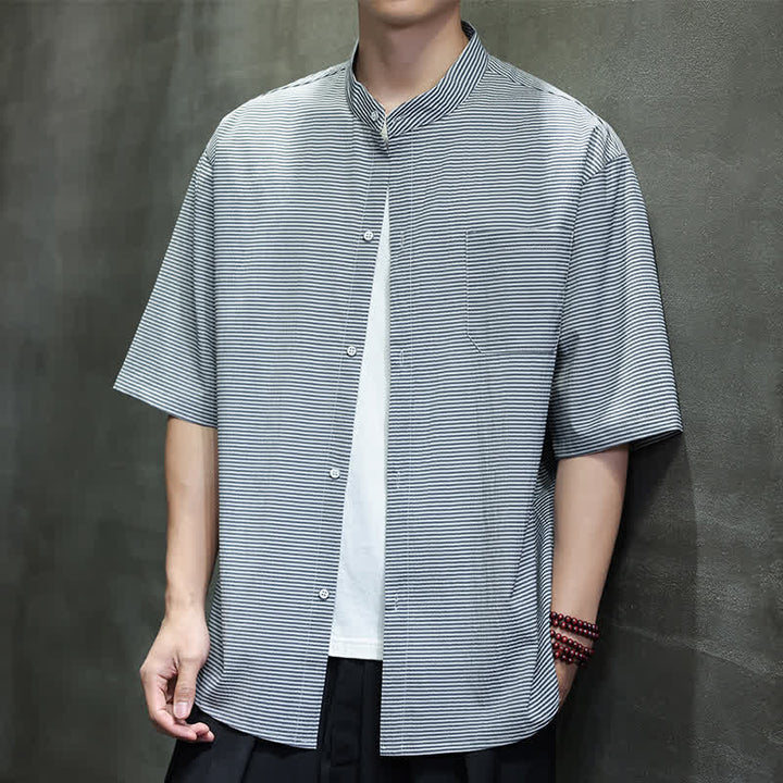 Buddha Stones Summer Casual Mandarin Collar Pinstripe Pattern Button Up Men's Short Sleeve Shirts - image 15