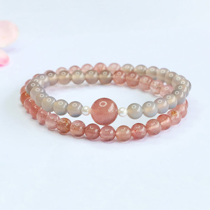 Buddha Stones Strawberry Quartz Gray Agate Double Wrap Positive Bracelet - image 1