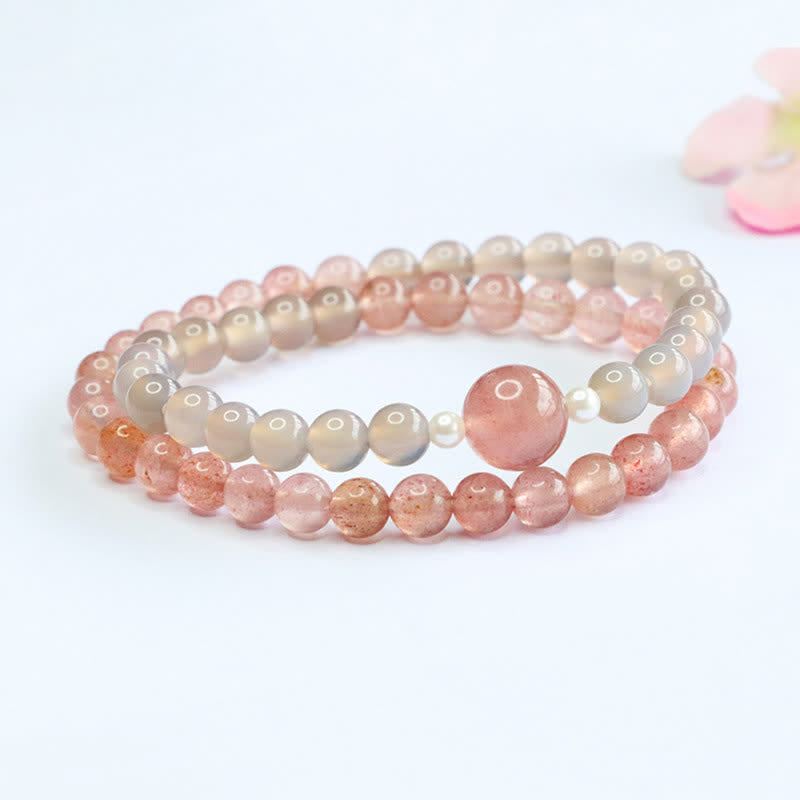 Buddha Stones Strawberry Quartz Gray Agate Double Wrap Positive Bracelet - image 2