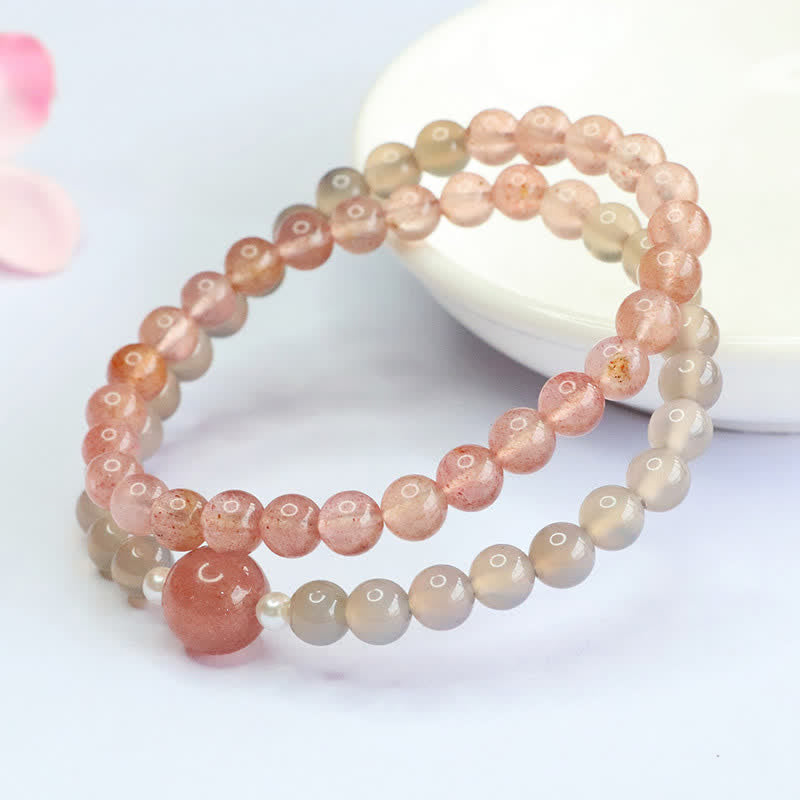 Buddha Stones Strawberry Quartz Gray Agate Double Wrap Positive Bracelet - image 3