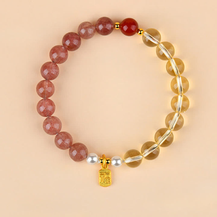 Buddha Stones Strawberry Quartz Citrine Five Elements Fu Character Luck Bracelet - Fire Metal Earth(Wrist Circumference:15–16 cm) - image 0