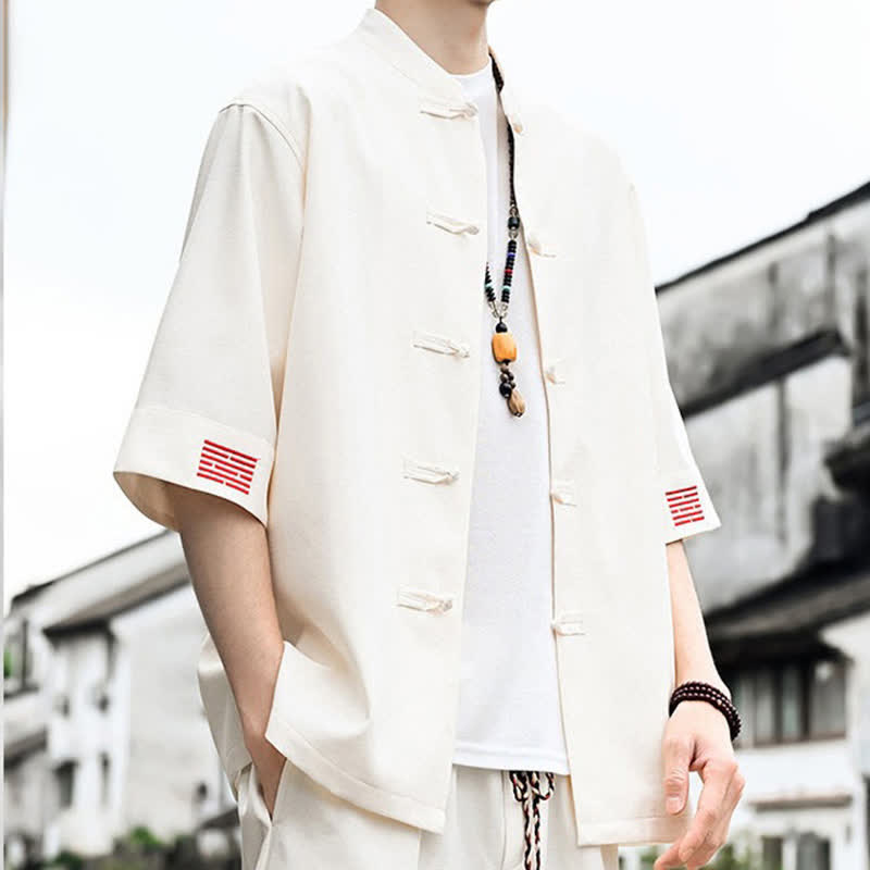 Buddha Stones Summer Tang Style Frog Button Solid Men's Short Sleeve Shirts - image 8