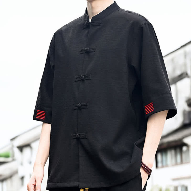 Buddha Stones Summer Tang Style Frog Button Solid Men's Short Sleeve Shirts - image 4