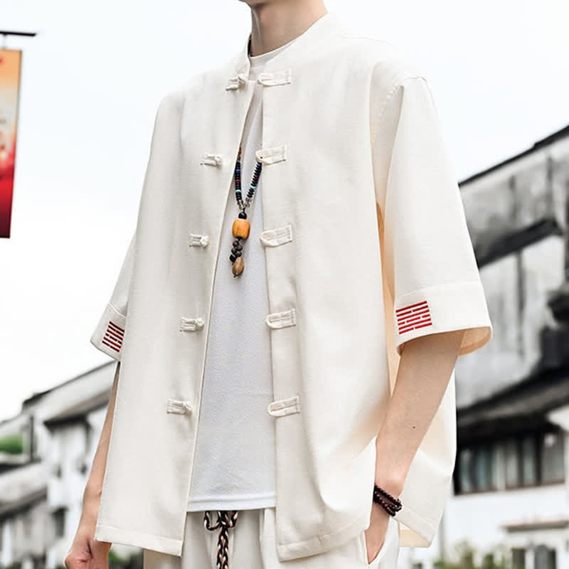 Buddha Stones Summer Tang Style Frog Button Solid Men's Short Sleeve Shirts - image 11