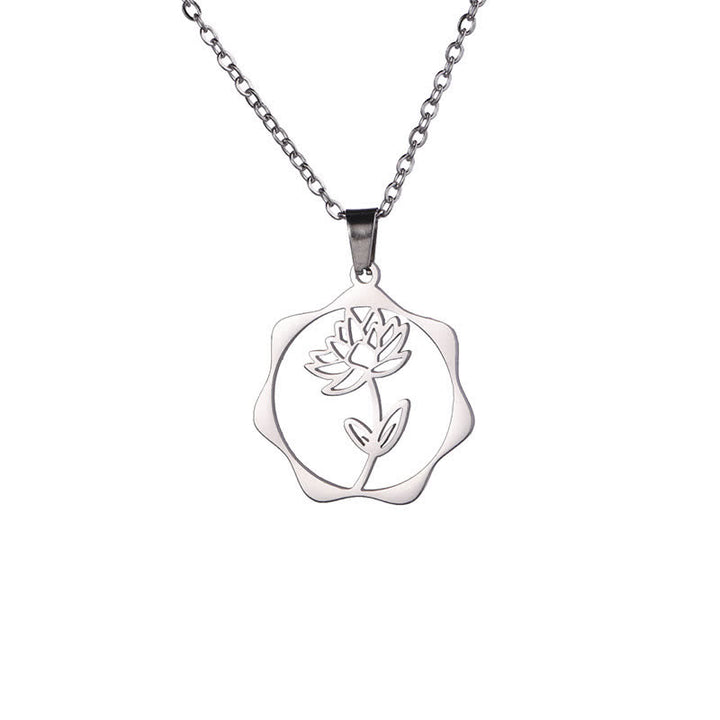 Buddha Stones Titanium Steel Birth Flower Lotus Enlightenment Pendant Necklace - Lotus - Silvery Titanium Steel - image 0