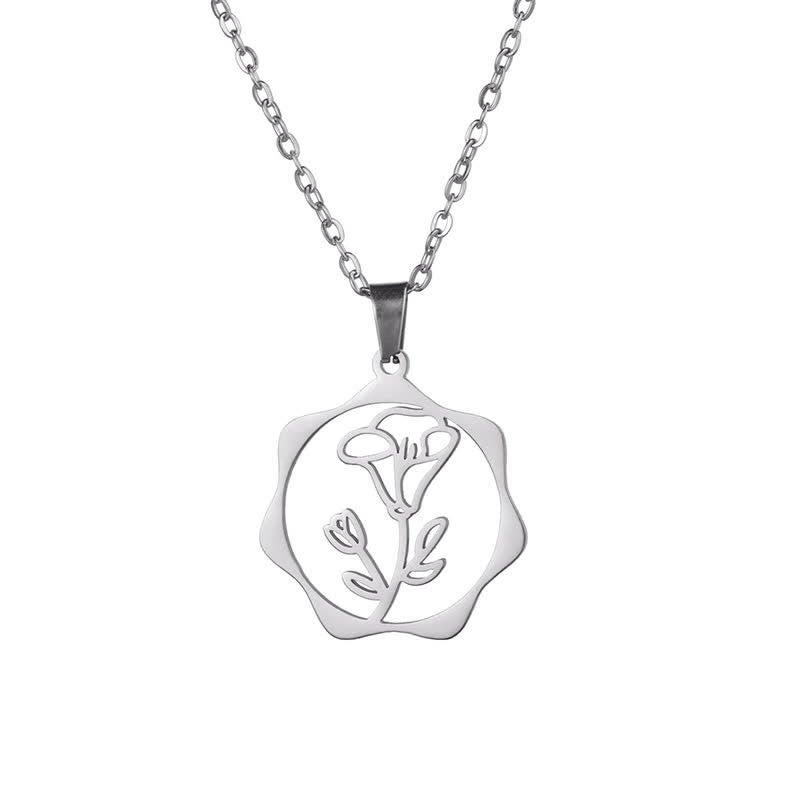 Buddha Stones Titanium Steel Birth Flower Lotus Enlightenment Pendant Necklace - Morning Glory - Silvery Titanium Steel - image 21
