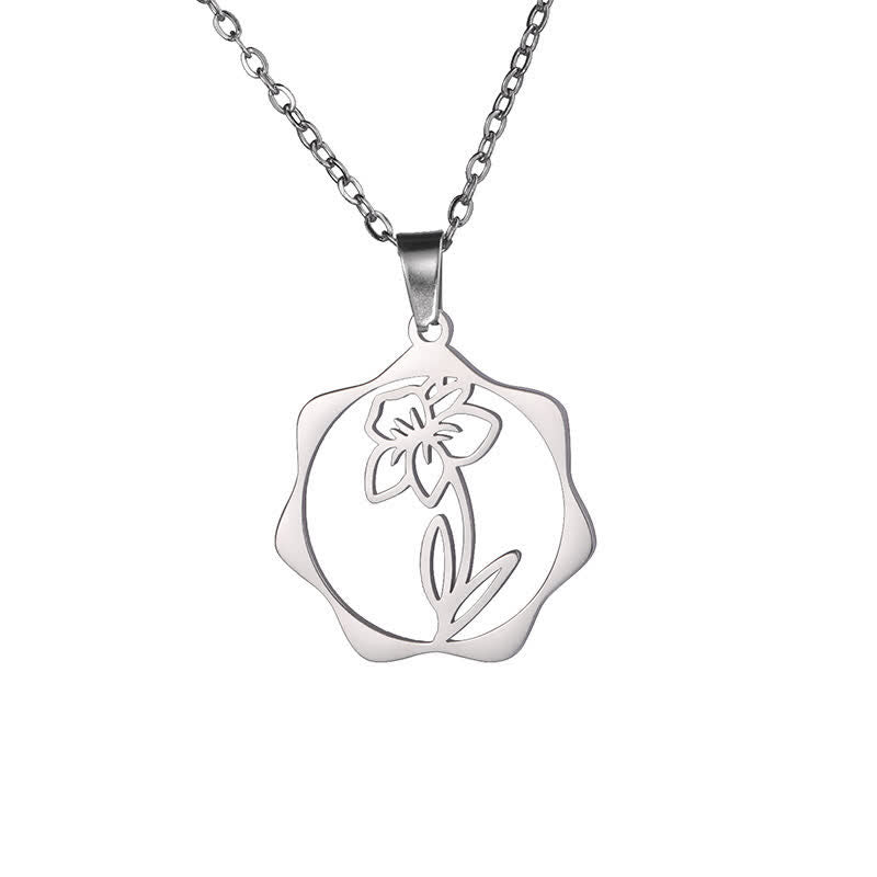 Buddha Stones Titanium Steel Birth Flower Lotus Enlightenment Pendant Necklace - Narcissus - Silvery Titanium Steel - image 29