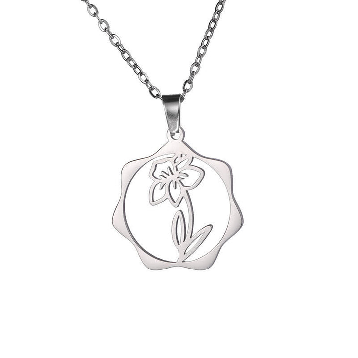 Buddha Stones Titanium Steel Birth Flower Lotus Enlightenment Pendant Necklace - Narcissus - Silvery Titanium Steel - image 29