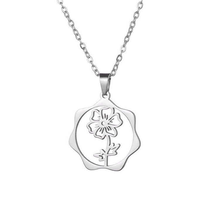 Buddha Stones Titanium Steel Birth Flower Lotus Enlightenment Pendant Necklace - Cosmos - Silvery Titanium Steel - image 19