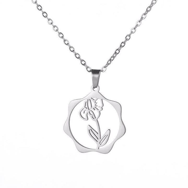 Buddha Stones Titanium Steel Birth Flower Lotus Enlightenment Pendant Necklace - Iris - Silvery Titanium Steel - image 17