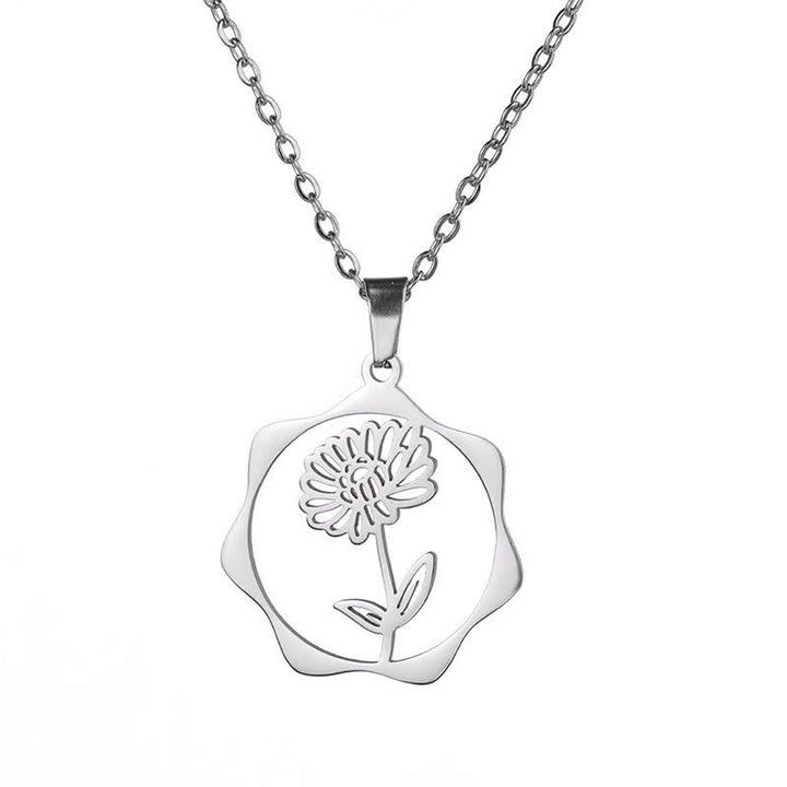 Buddha Stones Titanium Steel Birth Flower Lotus Enlightenment Pendant Necklace - Chrysanthemum - Silvery Titanium Steel - image 8