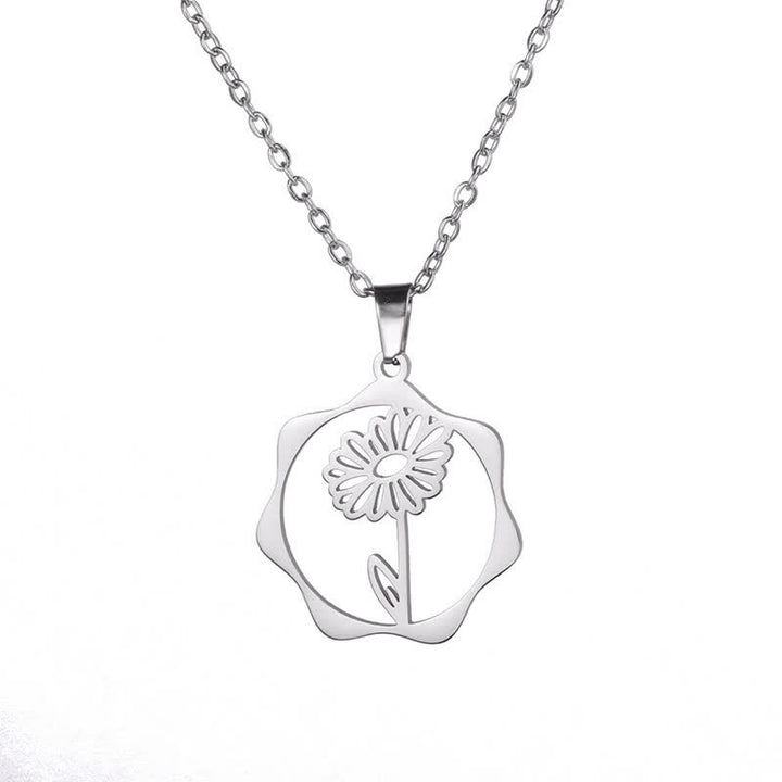 Buddha Stones Titanium Steel Birth Flower Lotus Enlightenment Pendant Necklace - Daisy - Silvery Titanium Steel - image 13