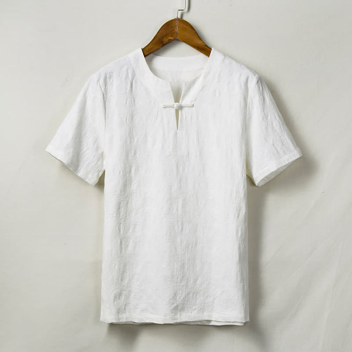 Buddha Stones Summer Tang Style One Frog Button Solid Leaf Texture Men's Short Sleeve Shirts - White - US/UK/AU44，EU54 (4XL) - image 2