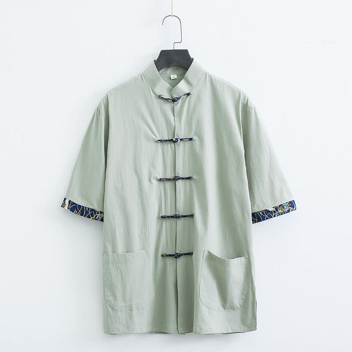 Buddha Stones Summer Tang Style Mandarin Collar Frog Button Solid Men's Short Sleeve Shirt With Pockets - DarkSeaGreen - US/UK/AU44，EU54 (4XL) - image 11