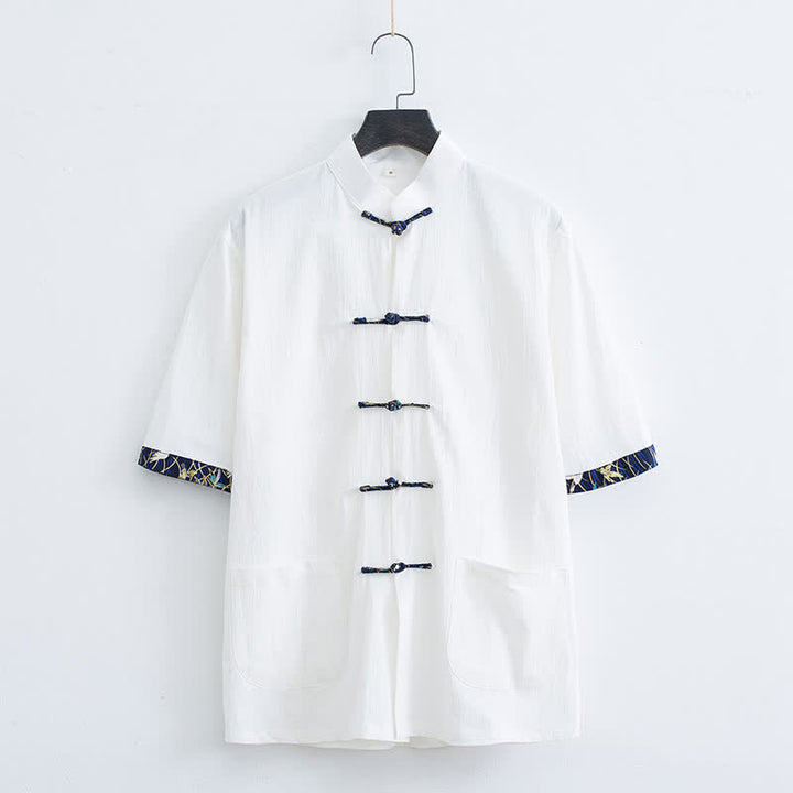 Buddha Stones Summer Tang Style Mandarin Collar Frog Button Solid Men's Short Sleeve Shirt With Pockets - White - US/UK/AU44，EU54 (4XL) - image 8