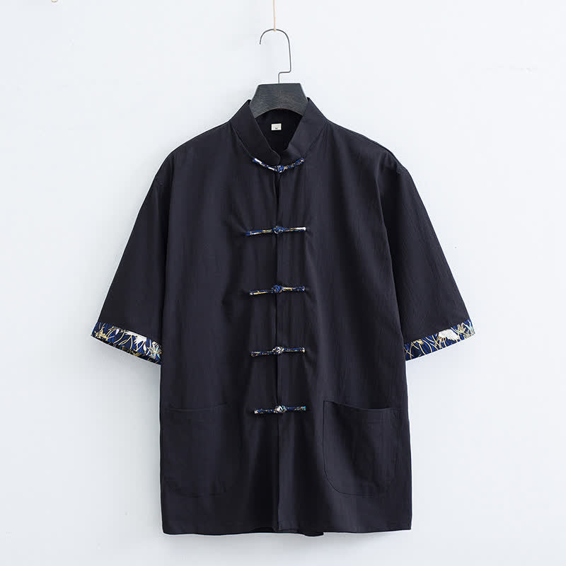 Buddha Stones Summer Tang Style Mandarin Collar Frog Button Solid Men's Short Sleeve Shirt With Pockets - Black - US/UK/AU44，EU54 (4XL) - image 5