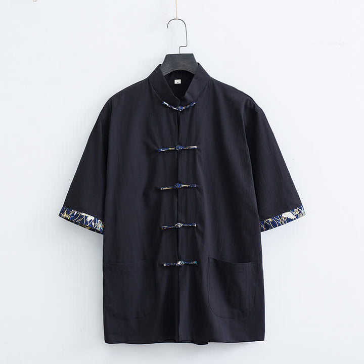 Buddha Stones Summer Tang Style Mandarin Collar Frog Button Solid Men's Short Sleeve Shirt With Pockets - Black - US/UK/AU44，EU54 (4XL) - image 5