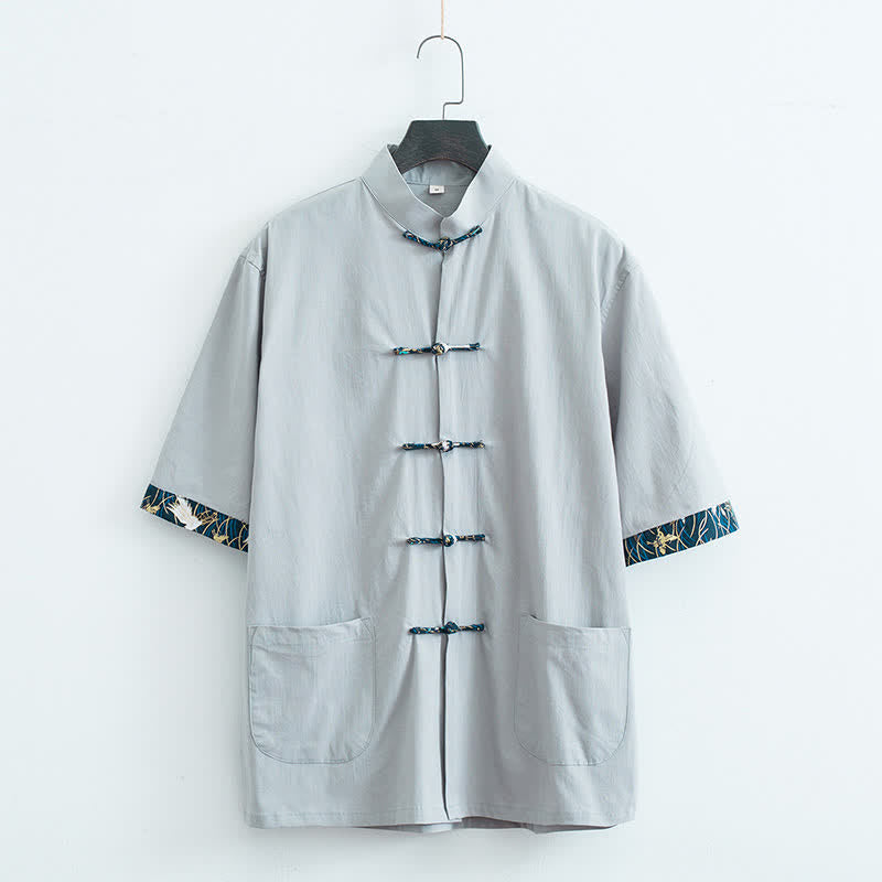 Buddha Stones Summer Tang Style Mandarin Collar Frog Button Solid Men's Short Sleeve Shirt With Pockets - LightGray - US/UK/AU44，EU54 (4XL) - image 2