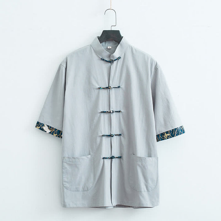 Buddha Stones Summer Tang Style Mandarin Collar Frog Button Solid Men's Short Sleeve Shirt With Pockets - LightGray - US/UK/AU44，EU54 (4XL) - image 2