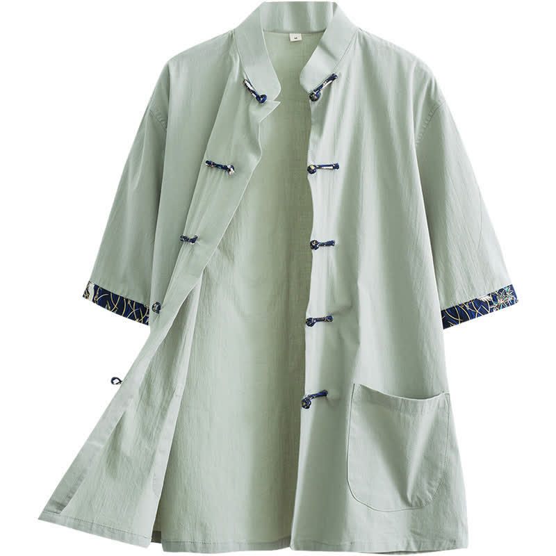 Buddha Stones Summer Tang Style Mandarin Collar Frog Button Solid Men's Short Sleeve Shirt With Pockets - image 12
