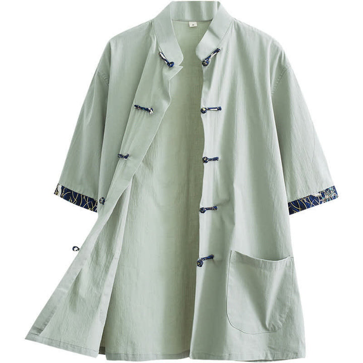 Buddha Stones Summer Tang Style Mandarin Collar Frog Button Solid Men's Short Sleeve Shirt With Pockets - image 12