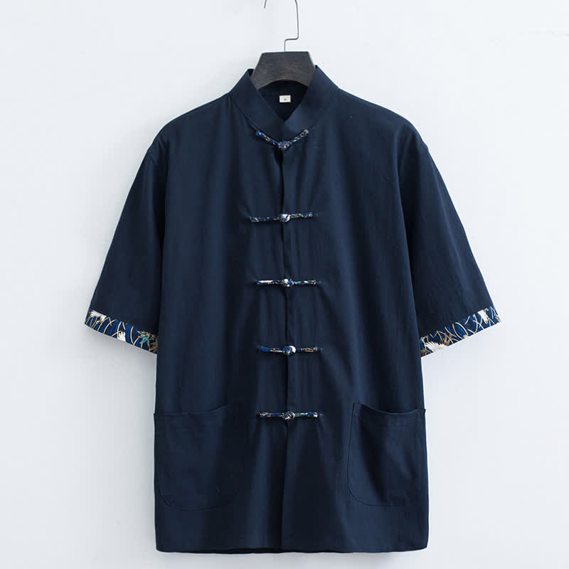 Buddha Stones Summer Tang Style Mandarin Collar Frog Button Solid Men's Short Sleeve Shirt With Pockets - Navy - US/UK/AU44，EU54 (4XL) - image 3