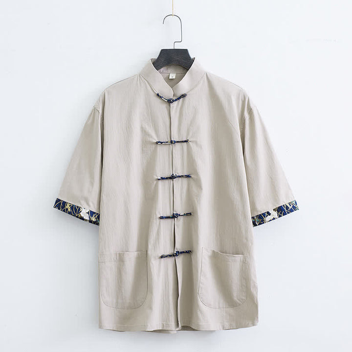Buddha Stones Summer Tang Style Mandarin Collar Frog Button Solid Men's Short Sleeve Shirt With Pockets - Beige - US/UK/AU44，EU54 (4XL) - image 0