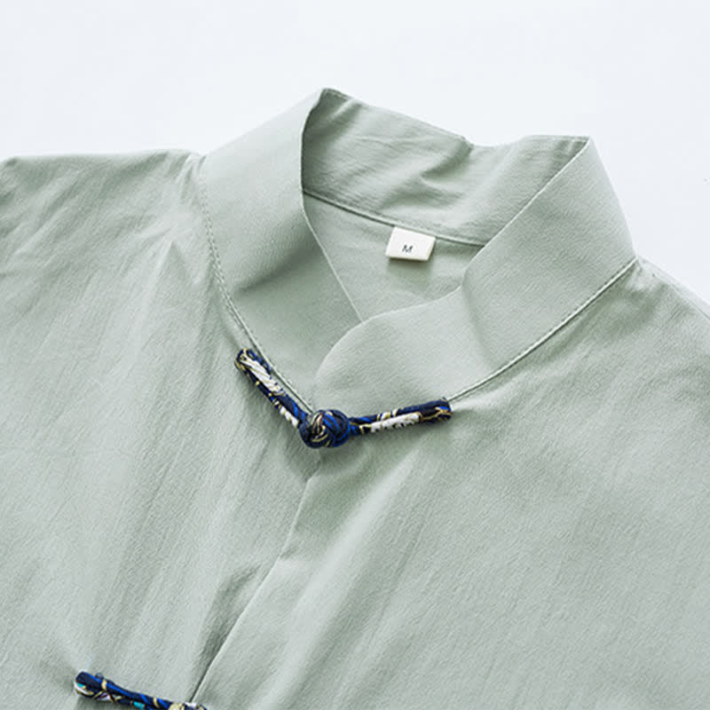 Buddha Stones Summer Tang Style Mandarin Collar Frog Button Solid Men's Short Sleeve Shirt With Pockets - image 13