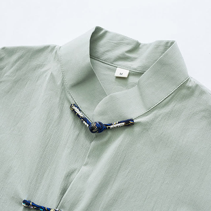 Buddha Stones Summer Tang Style Mandarin Collar Frog Button Solid Men's Short Sleeve Shirt With Pockets - image 13