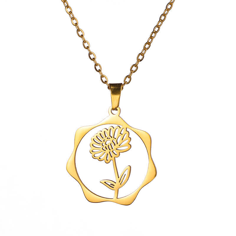 Buddha Stones Titanium Steel Birth Flower Lotus Enlightenment Pendant Necklace - Chrysanthemum - Golden Titanium Steel - image 10