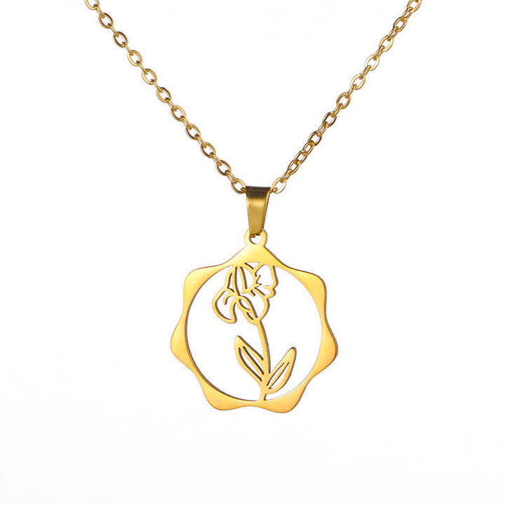 Buddha Stones Titanium Steel Birth Flower Lotus Enlightenment Pendant Necklace - Iris - Golden Titanium Steel - image 18