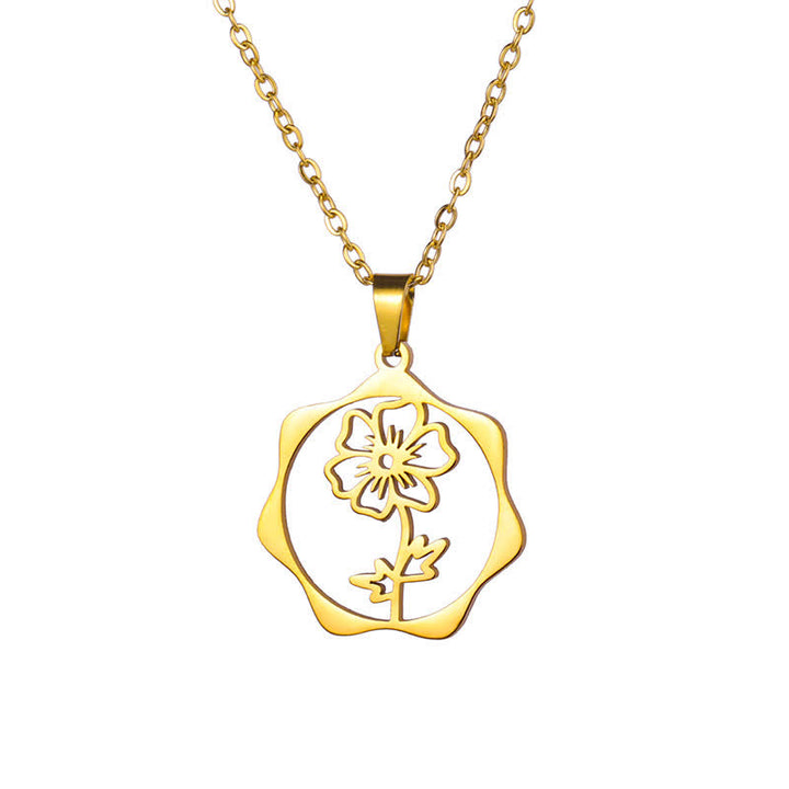 Buddha Stones Titanium Steel Birth Flower Lotus Enlightenment Pendant Necklace - Cosmos - Golden Titanium Steel - image 20