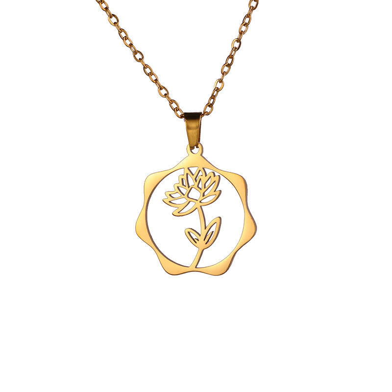 Buddha Stones Titanium Steel Birth Flower Lotus Enlightenment Pendant Necklace - Lotus - Golden Titanium Steel - image 1