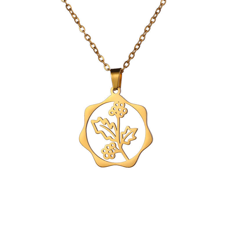 Buddha Stones Titanium Steel Birth Flower Lotus Enlightenment Pendant Necklace - Holly - Golden Titanium Steel - image 24