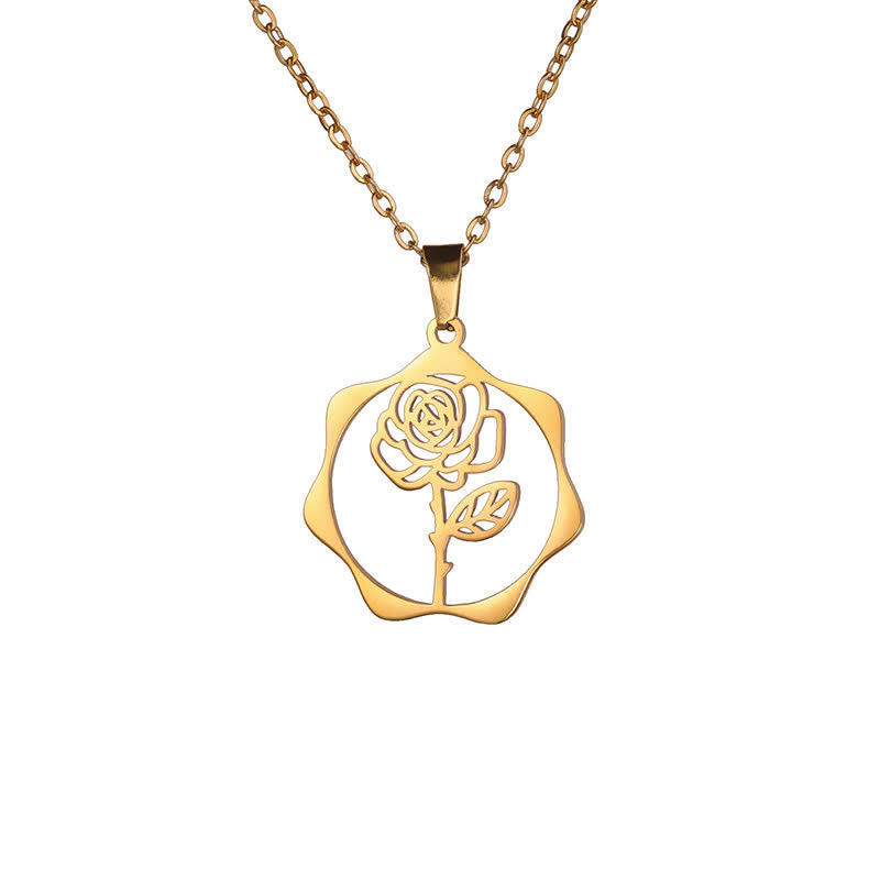 Buddha Stones Titanium Steel Birth Flower Lotus Enlightenment Pendant Necklace - Rose - Golden Titanium Steel - image 26