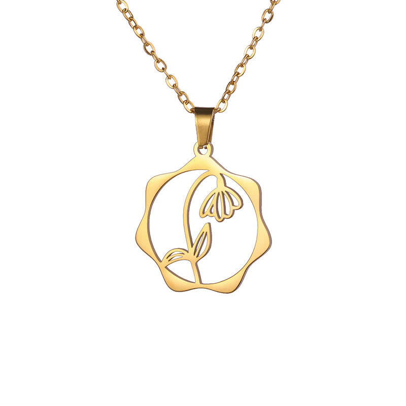 Buddha Stones Titanium Steel Birth Flower Lotus Enlightenment Pendant Necklace - Snowdrop - Golden Titanium Steel - image 28