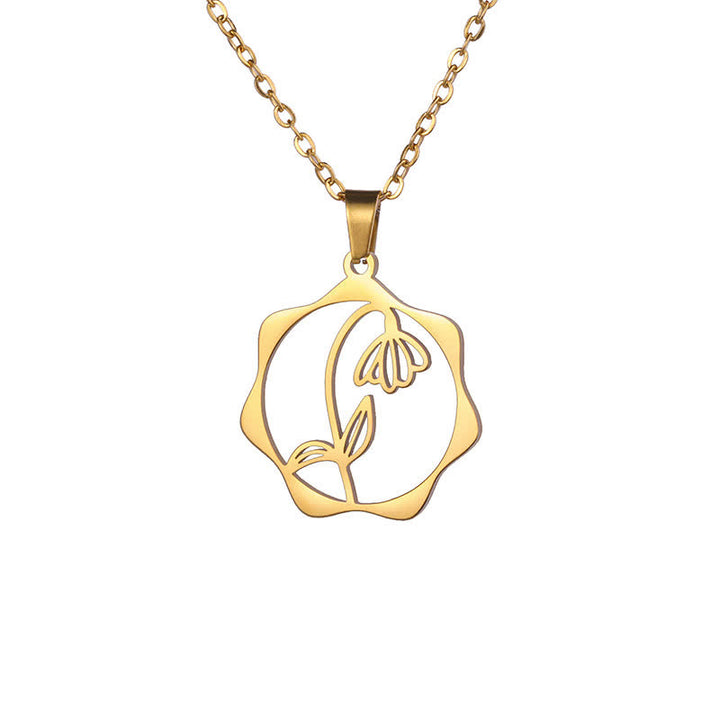 Buddha Stones Titanium Steel Birth Flower Lotus Enlightenment Pendant Necklace - Snowdrop - Golden Titanium Steel - image 28