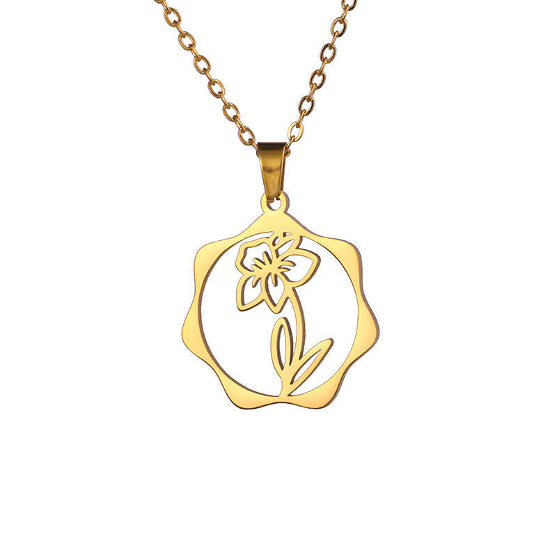 Buddha Stones Titanium Steel Birth Flower Lotus Enlightenment Pendant Necklace - Narcissus - Golden Titanium Steel - image 30