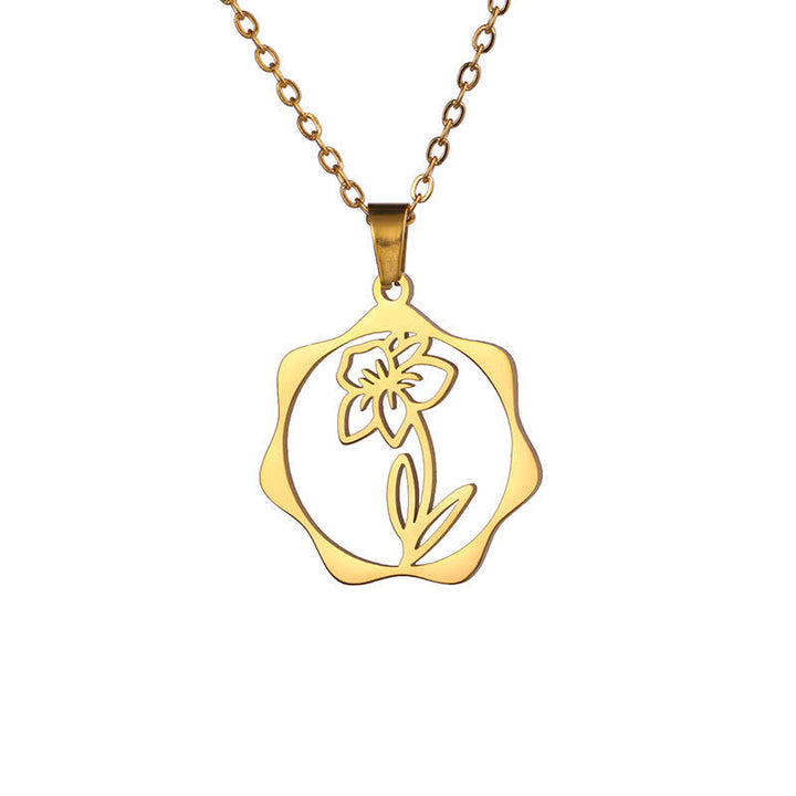 Buddha Stones Titanium Steel Birth Flower Lotus Enlightenment Pendant Necklace - Narcissus - Golden Titanium Steel - image 30