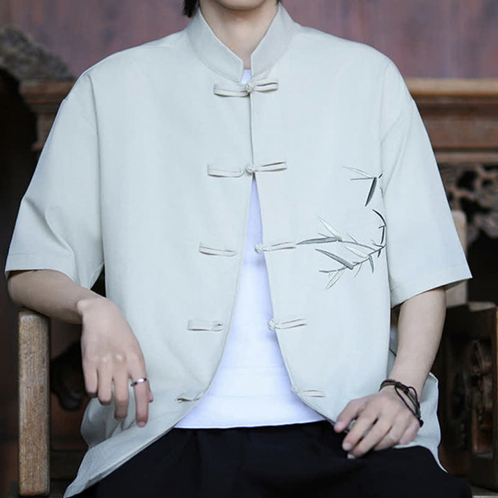 Buddha Stones Summer Tang Style Mandarin Collar Frog Button Bamboo Embroidery Men's Short Sleeve Shirts - image 7